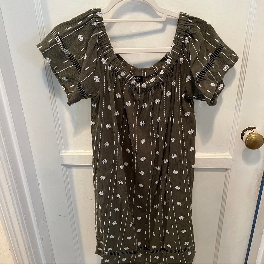 Green topshop off the shoulder dress with white print - comfortable and loose